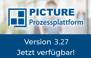 Logo der PICTURE-Prozessplattform vor dekoraktivem Hintergrund. Text "Version 3.27 jetzt verfügbar"